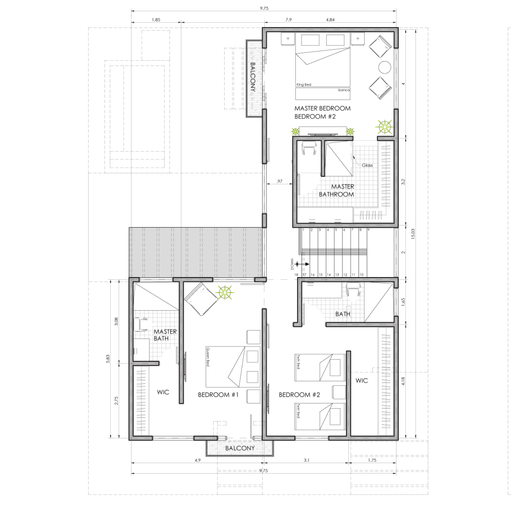 Sanctuary Boutique Residences Model Home B 4-bedroom flex floor plan, second floor layout, Golfito Costa Rica