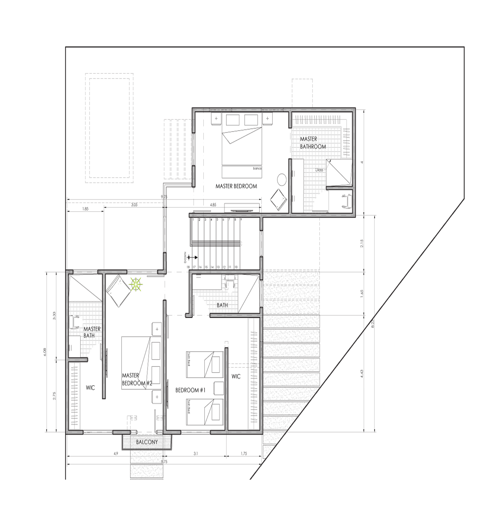 Sanctuary Boutique Residences Model Home C 4-bedroom floor plan, second floor layout with balcony, Golfito Costa Rica