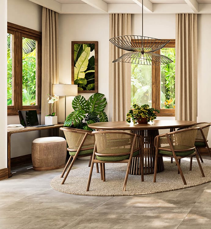 Tropical-modern dining room with rattan chairs and garden views, Sanctuary Boutique Residences Golfito