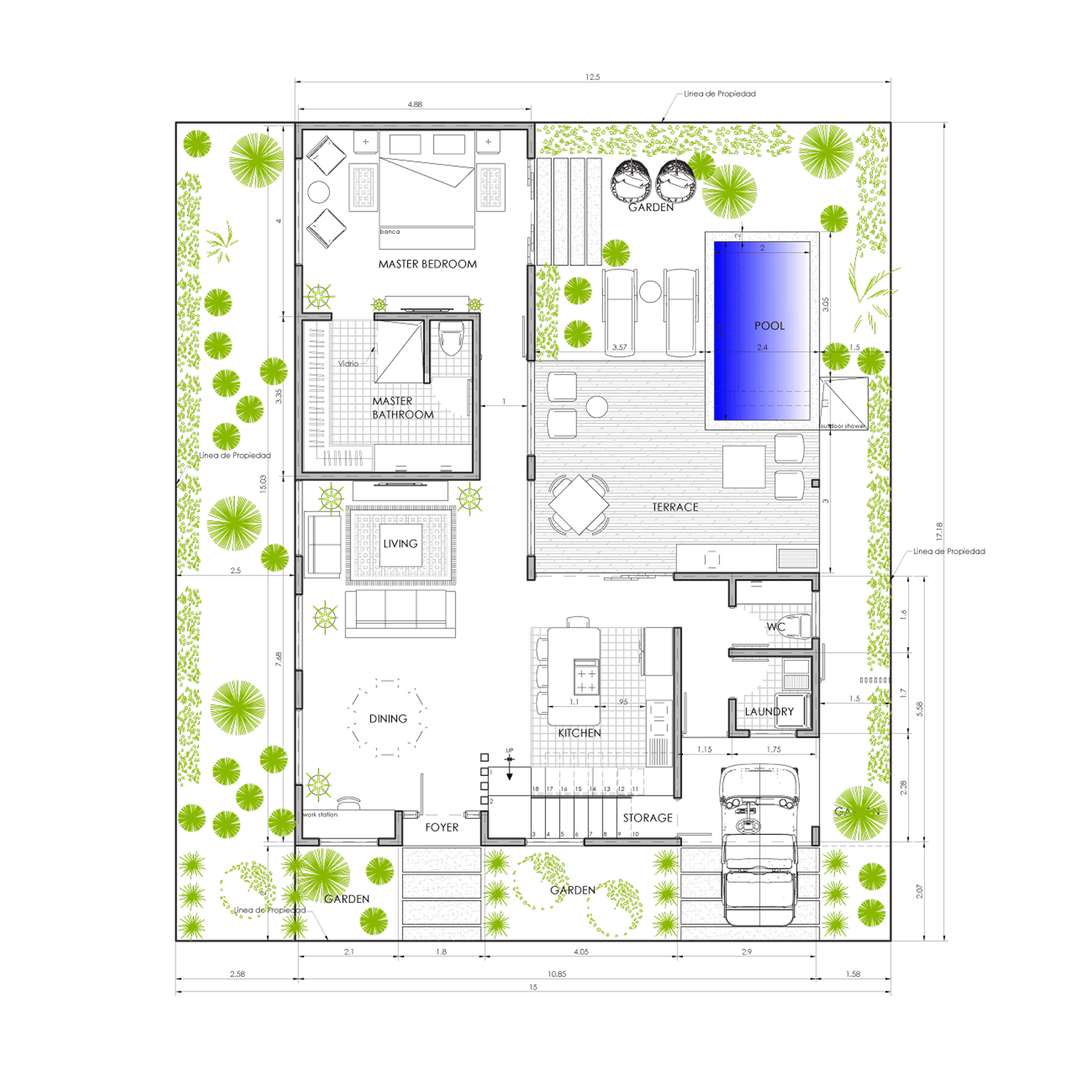 Sanctuary Boutique Residences Model Home A 3-bedroom floor plan, 1,118 sq ft first floor with private pool, Golfito Costa Rica