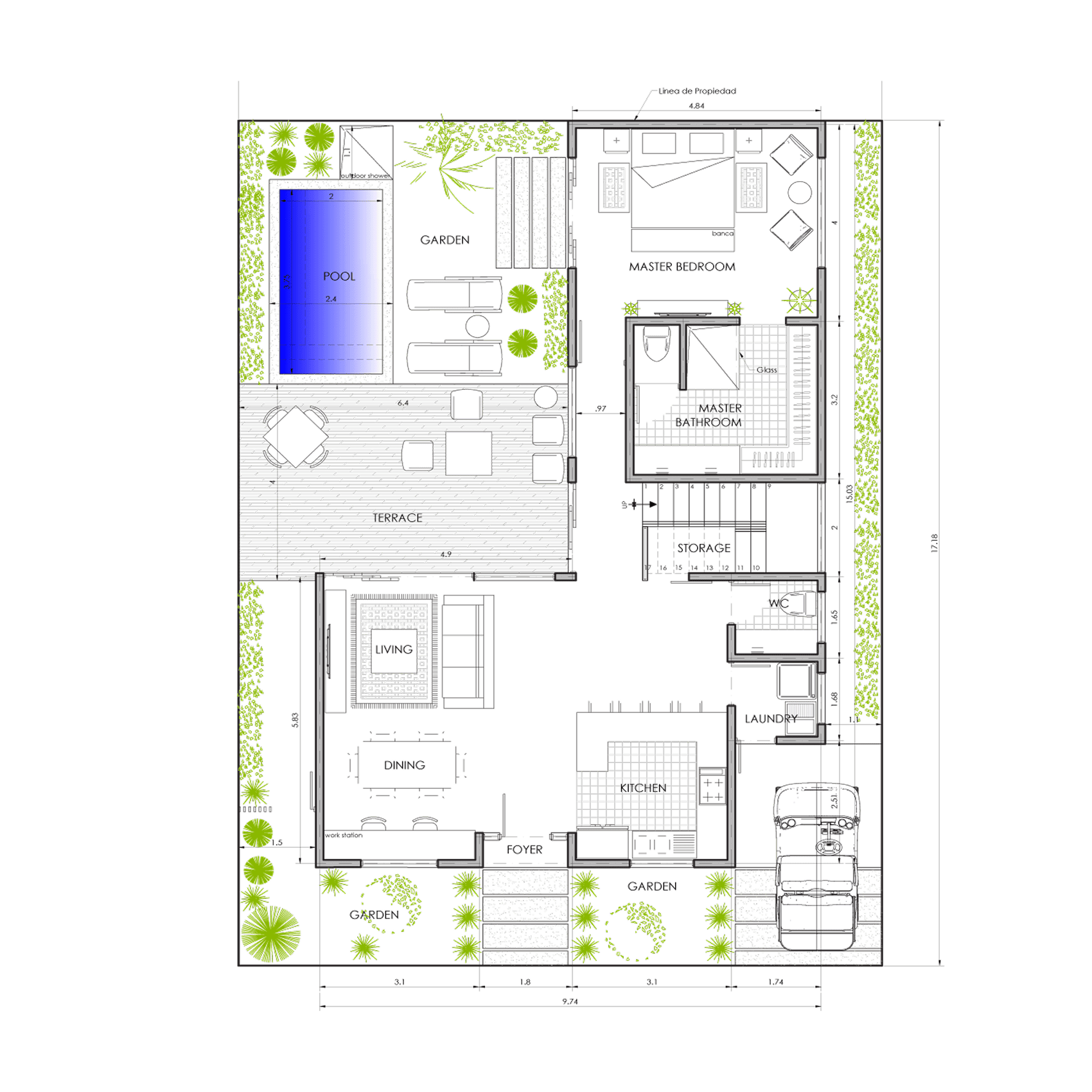 Sanctuary Boutique Residences Model Home B 3-bedroom floor plan, 1,087 sq ft first floor with private pool, Golfito Costa Rica
