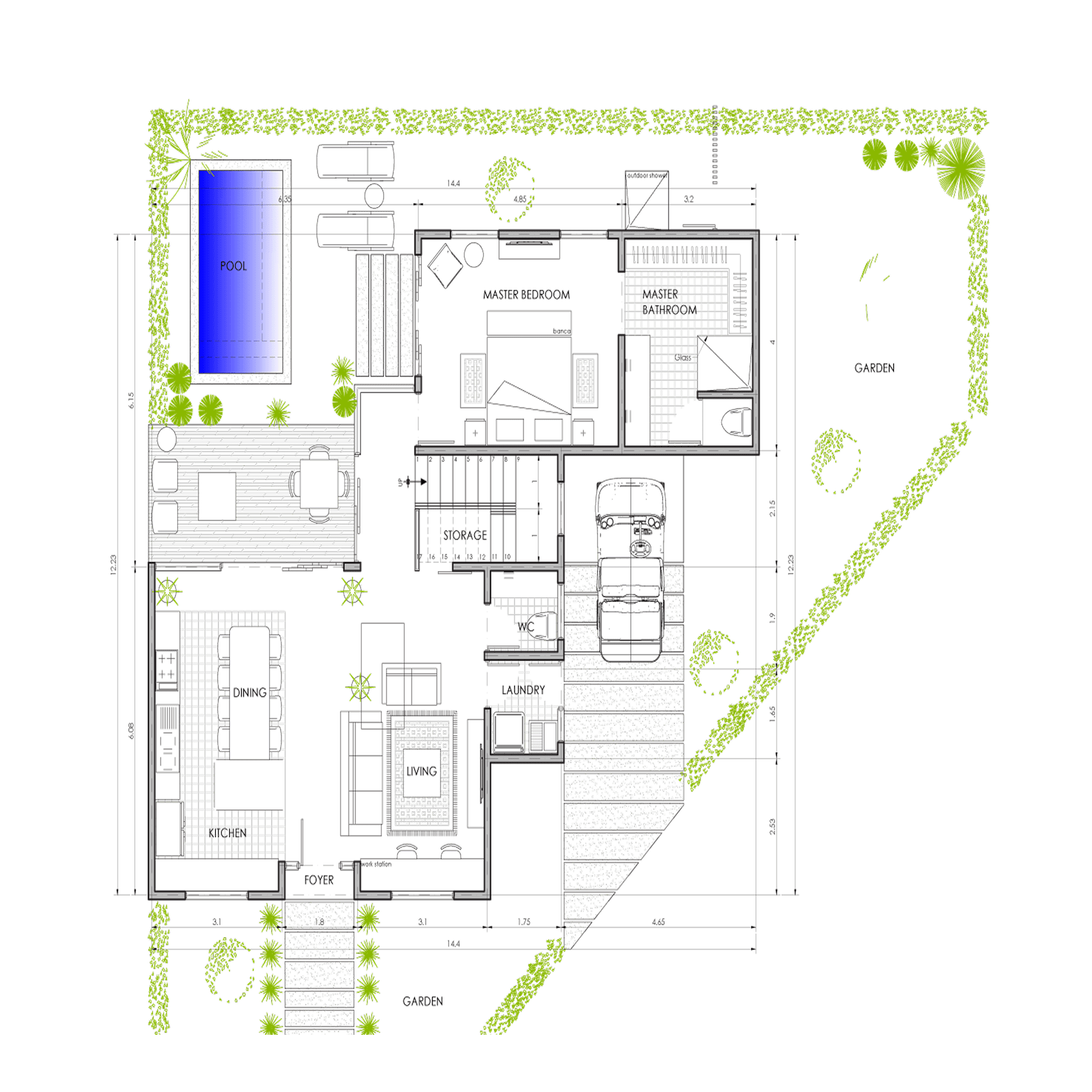 Sanctuary Boutique Residences Model Home C 3-bedroom floor plan, 1,118 sq ft first floor with private pool, Golfito Costa Rica